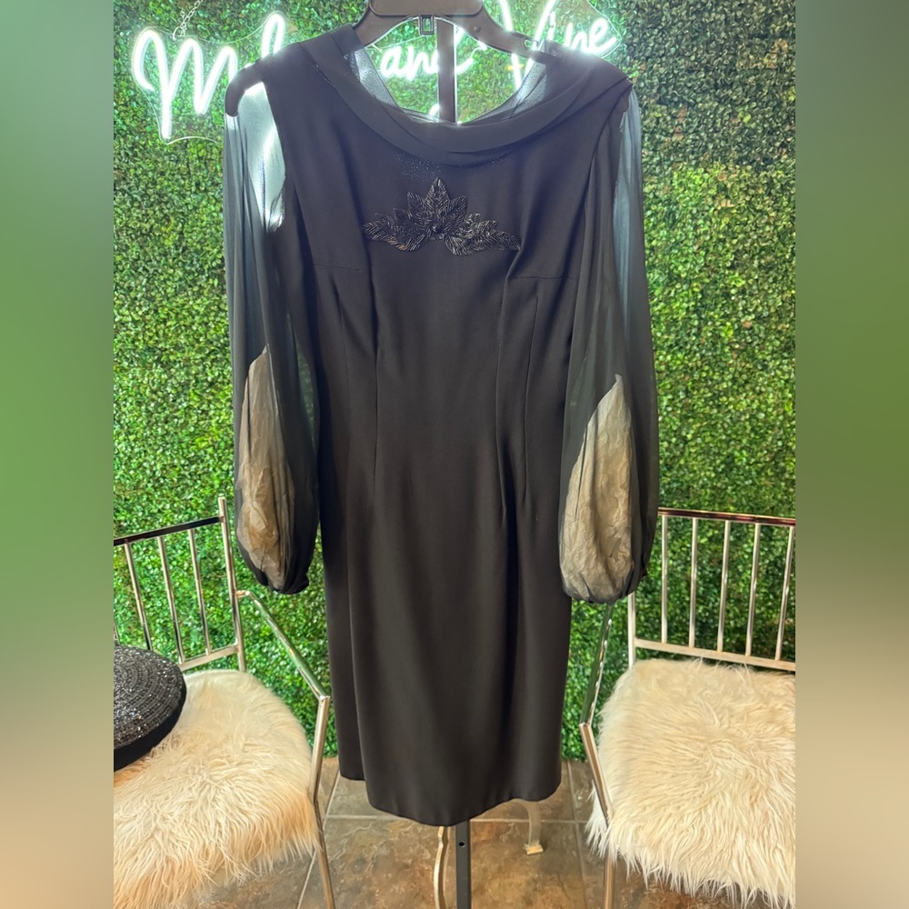 Vintage 1960’s Elegant Black Dress with Sheer Sleeves and front embellishment